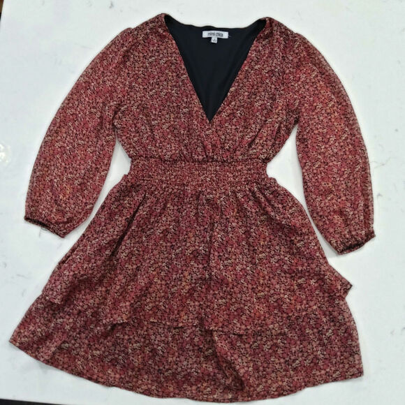 Coquette burgundy/pink Ditzy Floral dress mock waist, tiered Romantic Boho sheer - Picture 3 of 8